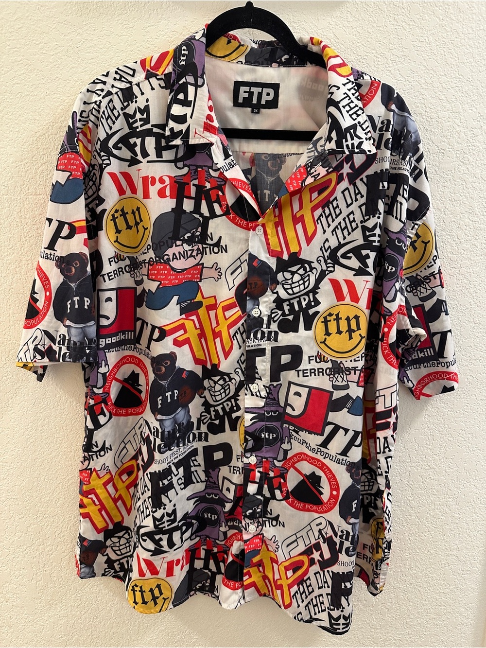 FTP Multicolor Graphic Button-Up Shirt in White, Red, Yellow, Blue